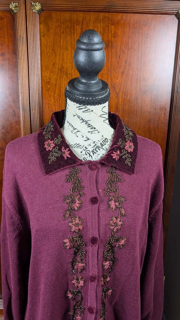 Tiara International Vintage 99 Beaded Embroidered Velvet Collar Cardigan Sweater - Picture 3 of 14